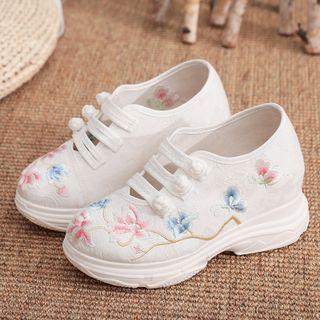 Embroidered Frog-button Platform Shoes