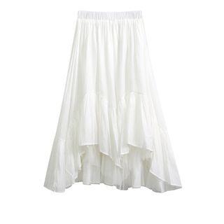 Band-waist Mesh Panel Irregular Hem Midi A-line Skirt