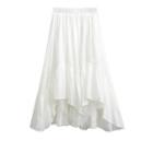 Band-waist Mesh Panel Irregular Hem Midi A-line Skirt