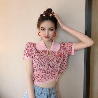 Short-sleeve Leopard Crop Knit Top
