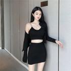 Set: Cropped Camisole Top + Cardigan + Mini Pencil Skirt