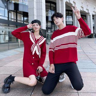 Couple Matching Striped Sweater / Button-up Knit A-line Dress