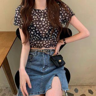 Short-sleeve Floral Print Mesh Crop Top As Shown In Figure - One Size