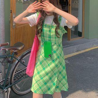 Short-sleeve T-shirt / Strappy Plaid A-line Dress