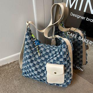 Checkered Denim Hobo Bag