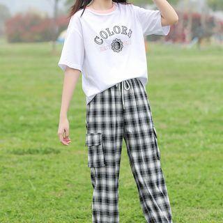 Short-sleeve Lettering T-shirt / Plaid Harem Pants / Wide Leg Jeans / Set