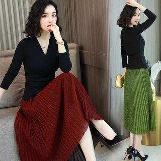 Set: Long Sleeve V-neck Lace-up Knitted Top + Pleated Velvet Skirt