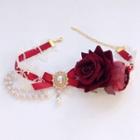 Ribbon Faux Pearl Lace Layered Choker Rose Red & Red & White - One Size