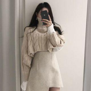 Turtleneck Cable-knit Sweater / Asymmetrical Skirt