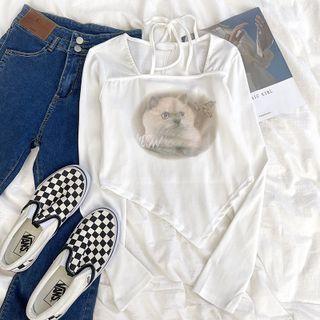 Long-sleeve Square-neck Cat Printed Asymmetrical Hem Top White - One Size