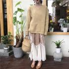 Plain Sweater / Velvet Maxi Skirt / Mesh Long Sleeve Top
