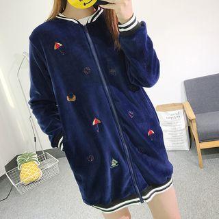 Embroidered Striped Trim Long Zip Jacket