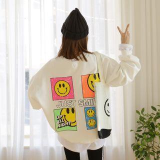 Smile-printed Fleece-lined Oversized Sweatshirt