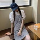 Puff-sleeve Blouse / Plaid Mini A-line Pinafore Dress