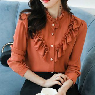 Frill Trim Mock-neck Long-sleeve Chiffon Blouse