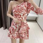 Set: Floral Print One-shoulder Cropped Top + Floral Print High-waist A-line Skirt