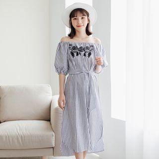 Elbow-sleeve Off Shoulder Striped A-line Midi Dress
