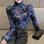 Long-sleeve Mock-neck Embroidered Mesh Top