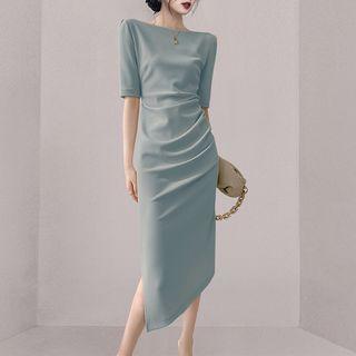 Short-sleeve Asymmetrical Midi Sheath Dress