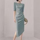 Short-sleeve Asymmetrical Midi Sheath Dress