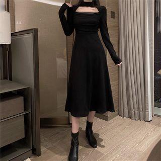 Choker Long-sleeve A-line Midi Dress Black - One Size