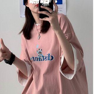 Mock Two-piece Lettering Cartoon Print Elbow-sleeve T-shirt