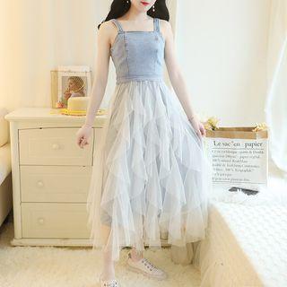 Mesh Panel Spaghetti Strap Midi A-line Dress