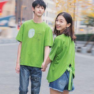 Couple Matching Set: Elbow-sleeve Graphic Print T-shirt + Tie-back T-shirt