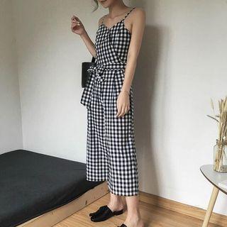 V-neck Check Cropped Wide-leg Jumper Pants