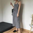 V-neck Check Cropped Wide-leg Jumper Pants