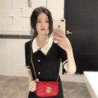 Single-breasted Short-sleeve Slim-fit Knit Dress Black - One Size