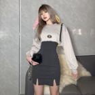 Set: Buckled Lettering Cropped Sweatshirt + Spaghetti Strap Mini Bodycon Dress