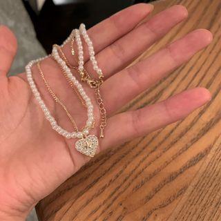 Faux Pearl Heart Necklace 1pc - Gold & White - One Size