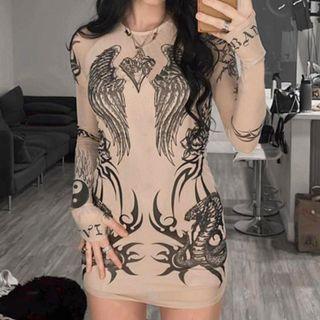 Printed Round Neck Long Sleeve Skinny Mini Dress