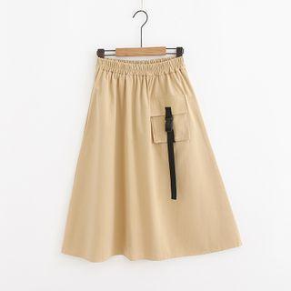 Plain Band-waist Flap-pocket Midi A-line Skirt