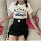 Short-sleeve Printed T-shirt / Drawstring Mini Skirt
