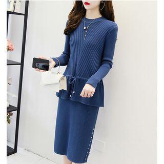 Set: Drawstring Sweater + Knit Midi Straight-fit Skirt