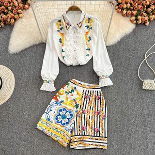 Set: Bell Sleeve Printed Shirt + Printed Wide Leg Shorts