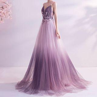 Spaghetti Strap Rhinestone Mesh A-line Evening Gown