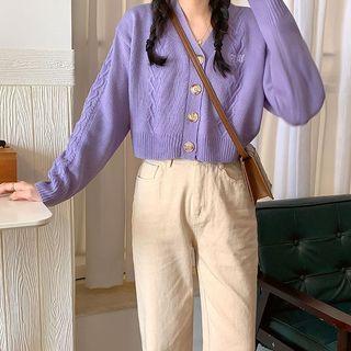 Long-sleeve V-neck Lettering Embroidered Knit Cardigan