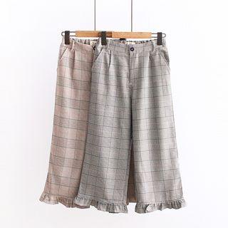 Plaid Frill Trim Wide Leg Pants