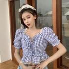 Lace Trim Short-sleeve Gingham Cropped Blouse As Shown In Figure - One Size