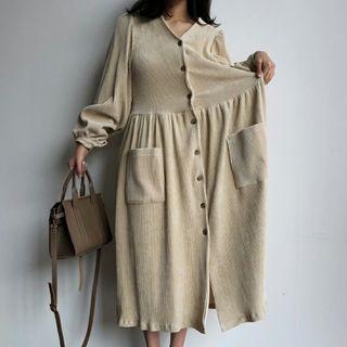 Long-sleeve Button-front Midi Corduroy Dress