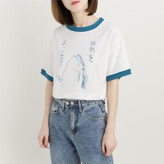 Short-sleeve Fish Print T-shirt White - One Size