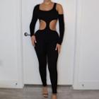 Plain Long Sleeve Cut-out Off-shoulder Jumpsuit