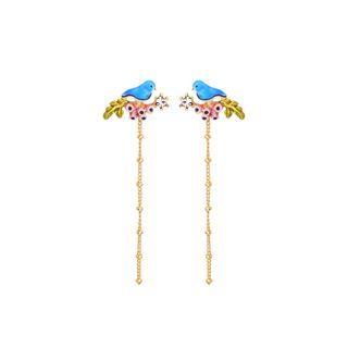 Fashion And Elegant Plated Gold Blue Enamel Blue Bird Tassel Earrings With Cubic Zirconia Golden - One Size