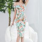 One-shoulder Floral Print Slit Sheath Dress