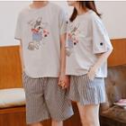 Couple Matching Loungewear Set: Dog Print Short-sleeve T-shirt + Striped Shorts