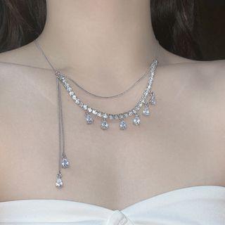 Rhinestone Fringed Layered Alloy Choker Silver - One Size