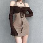 Set: Long-sleeve Off-shoulder Drawstring Crop Top + Mini Bodycon Tank Dress